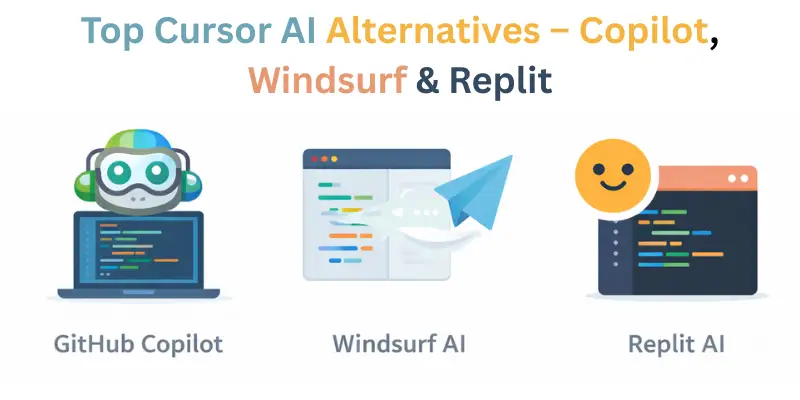 GitHub Copilot, Windsurf, and Replit shown as top Cursor AI alternatives for AI coding assistance.