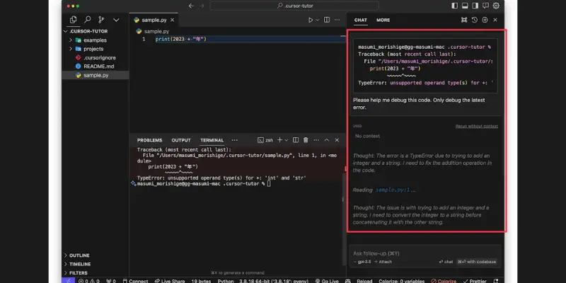 Cursor AI showing a code error and suggested fix 