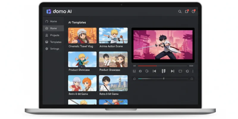 Domo AI video editor interface with templates and sample video – Unlucid AI alternative