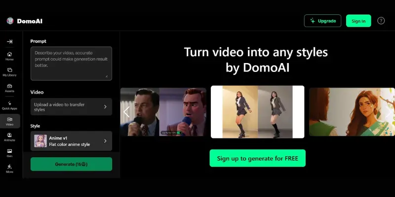 DomoAI interface with anime style tools, a creative luma ai alternatives option for video style transfer.