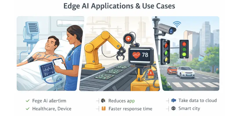  Edge AI applications collage showing healthcare monitoring, smart city traffic, and factory automation