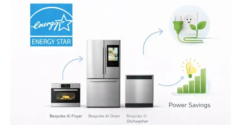 Energy Star certified AI appliances like a fridge, oven, and dishwasher focused on power savings.