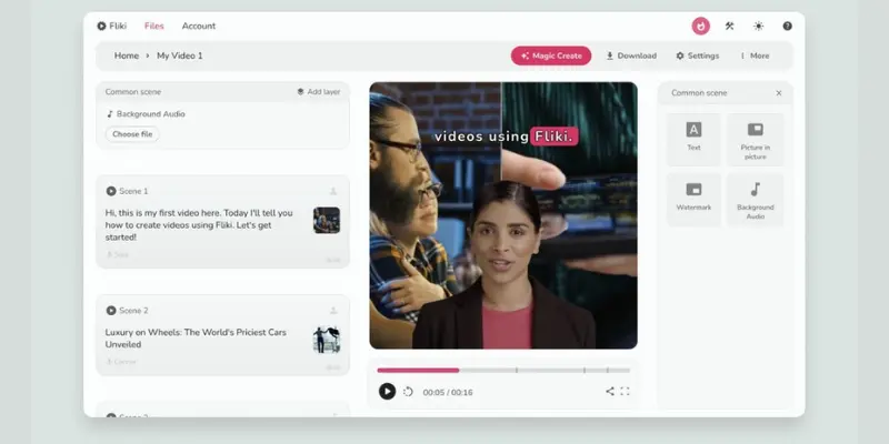 “Fliki AI converting scripts into narrated videos – practical invideo AI alternative for voice-first content