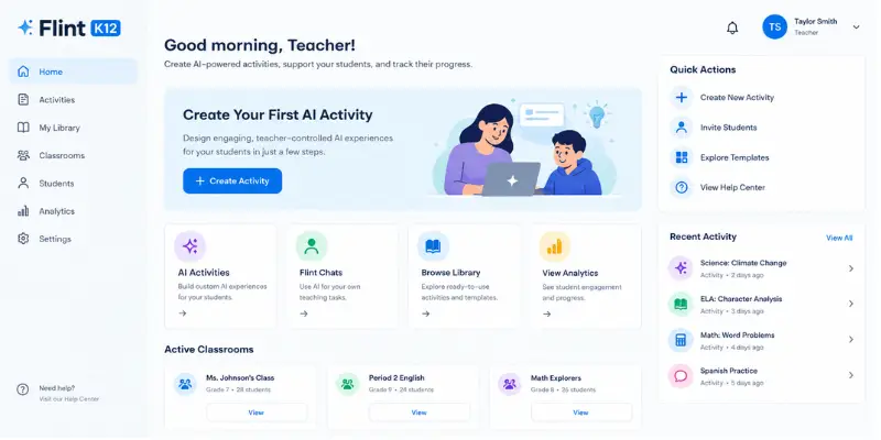  Flint AI K-12 teacher dashboard with AI activity tools
