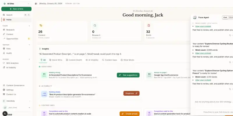 Frase dashboard for SEO writing among Copy.ai alternatives
