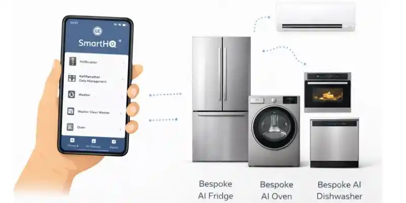 Smartphone controlling GE AI appliances like a fridge, oven, and dishwasher through the SmartHQ app