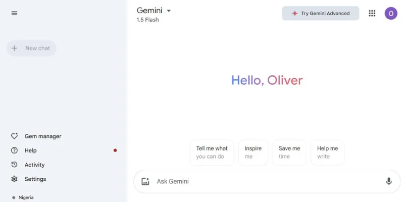 Google Gemini AI dashboard with multimodal chat and Google integration.
