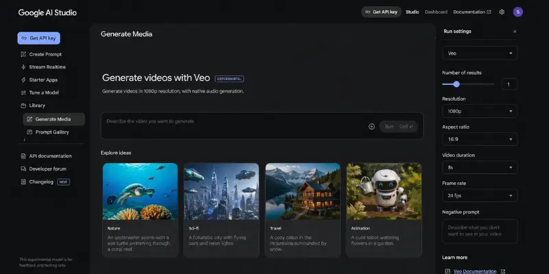Google Veo 3.1 AI video generation dashboard showing cinematic video creation interface with settings and prompts