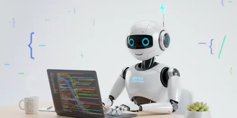 GPT-5.3 Codex Spark AI coding assistant helping with code on a laptop, clean white background illustration.