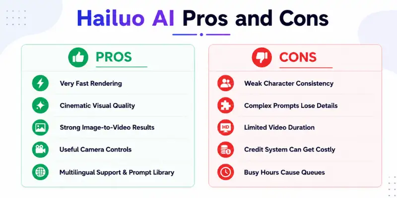Hailuo AI pros and cons infographic
