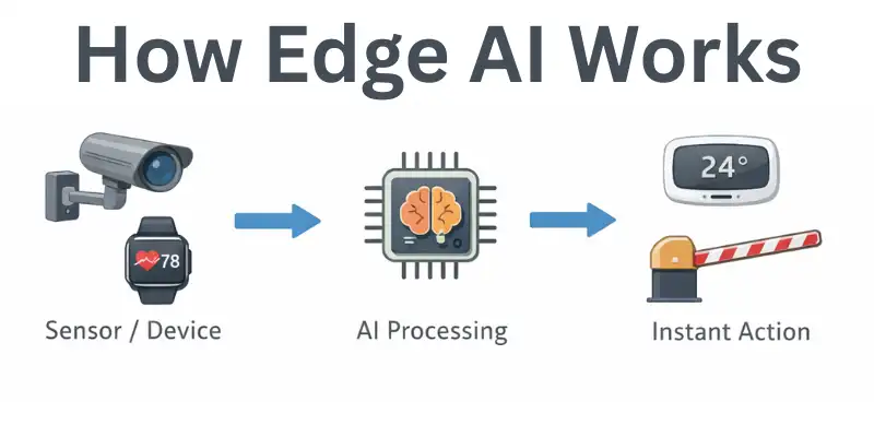 Edge AI workflow diagram showing sensor data processed locally by AI processor
