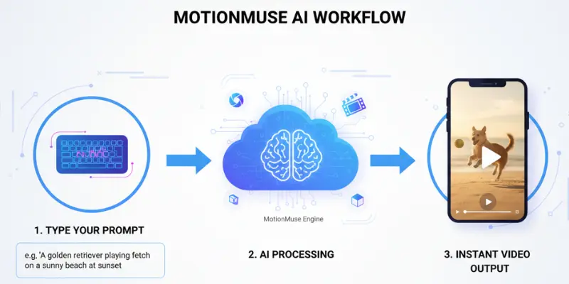  MotionMuse AI workflow step by step video creation process on laptop screen
