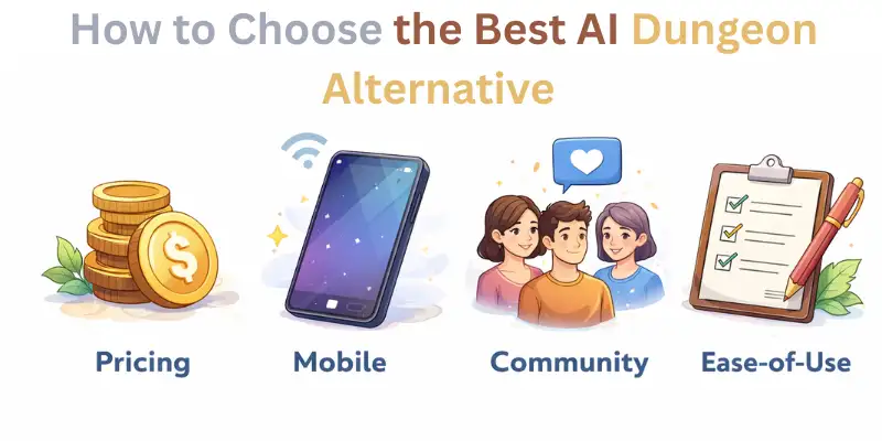 AI Dungeon alternatives showing text-based, RPG, and interactive story screens on devices