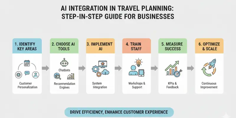 AI in travel: Infographic illustrating steps to integrate AI in travel business