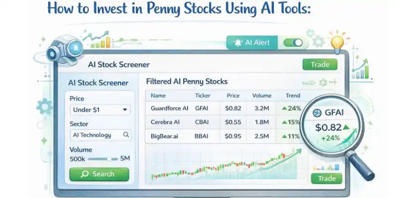 AI-powered stock screener interface showing how to filter AI penny stocks under $1