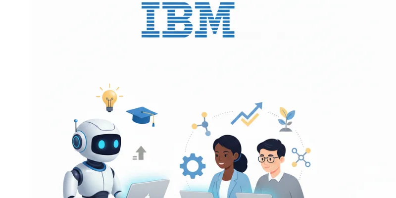 IBM AI-driven solutions with logo, robot, and professionals working on laptops.
