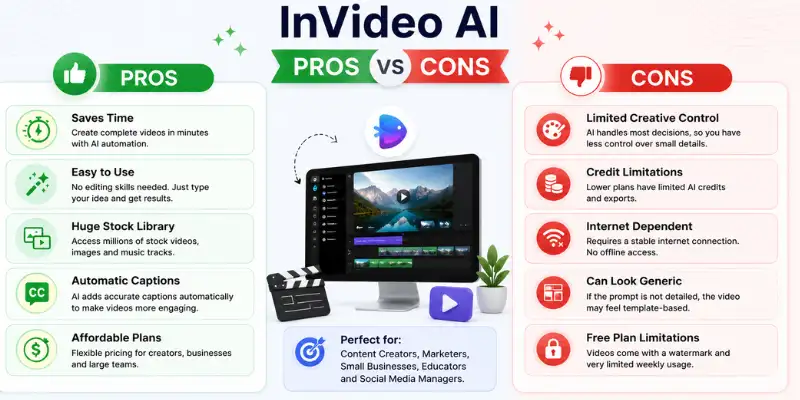InVideo AI pros and cons infographic
