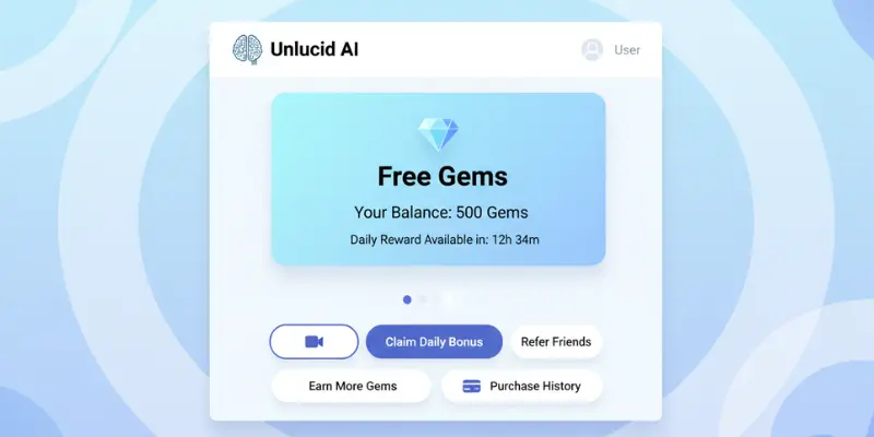 How unlucid ai works with free gems credit system used for generating images and videos
