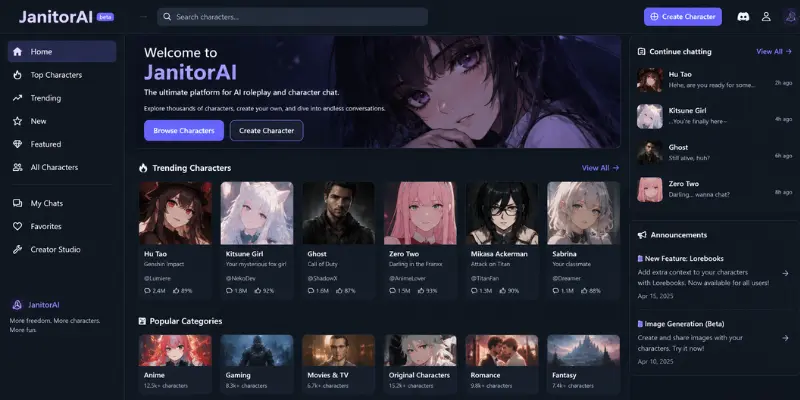 JanitorAI dashboard for AI roleplay and character chat

