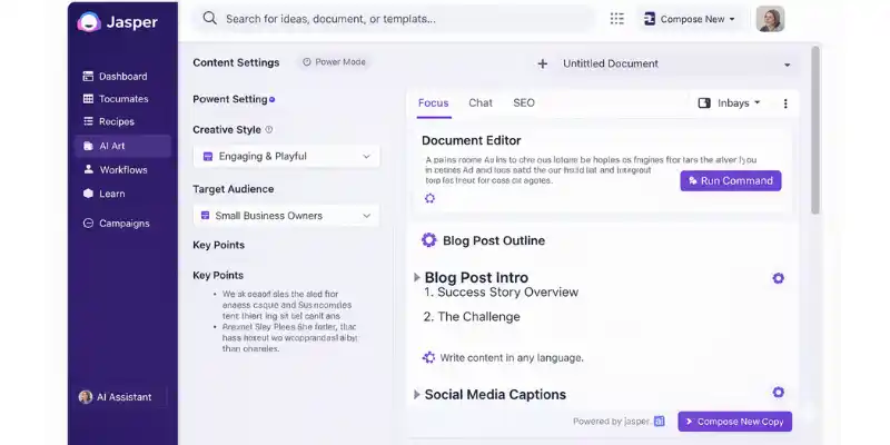 Jasper dashboard showing AI content creation and writing tools