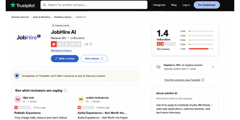 JobHire AI Trustpilot reviews and ratings