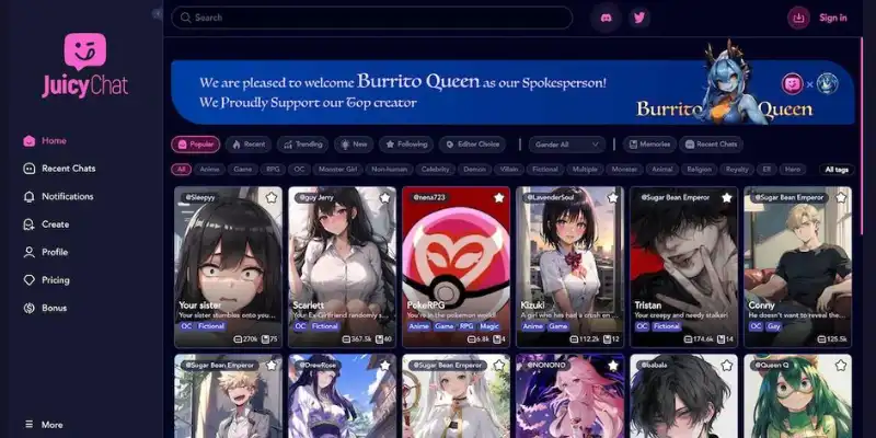 JuicyChat AI dashboard for AI roleplay
