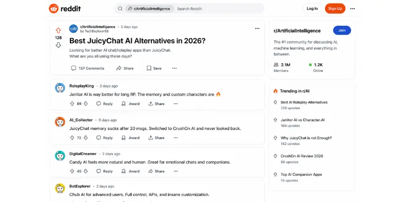  JuicyChat AI alternatives Reddit user opinions and real chat reviews screenshot
