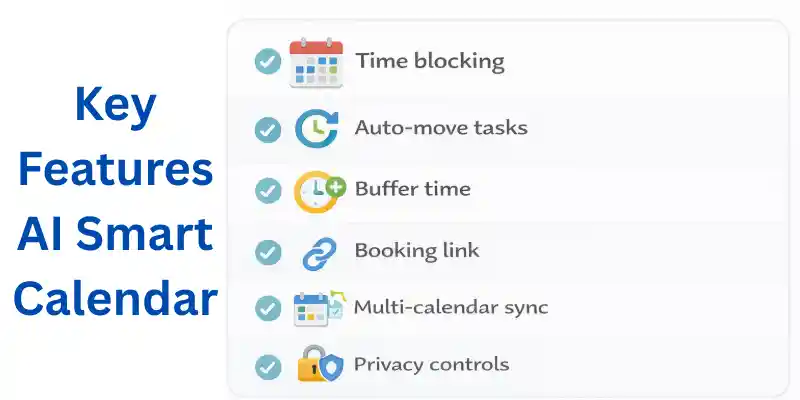 Key features of an AI calendar, including time blocking, buffer time, and privacy controls