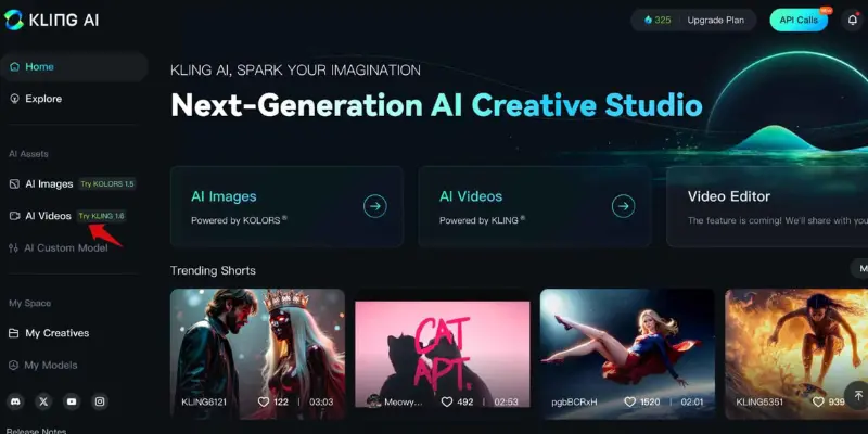 Kling AI dashboard for creating AI videos