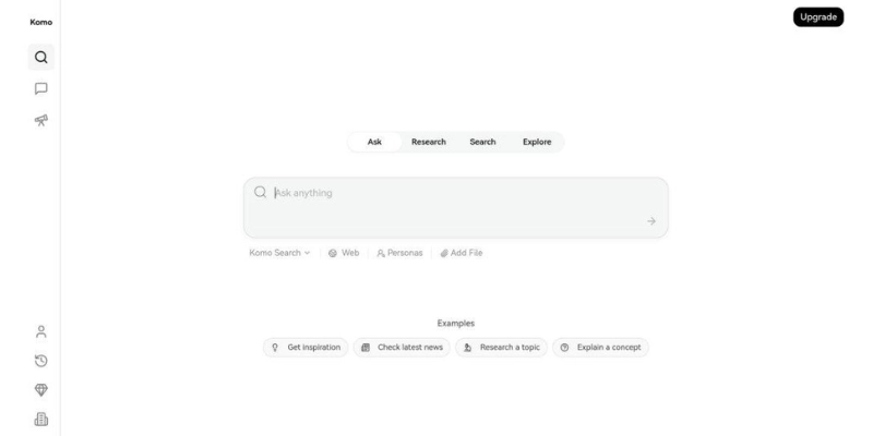 Perplexity AI alternatives dashboard showing Komo AI simple interface for fast answers
