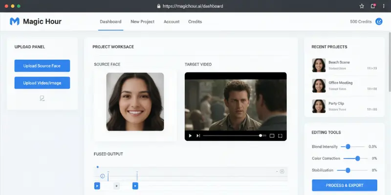 Magic Hour dashboard for photo and video face swaps
