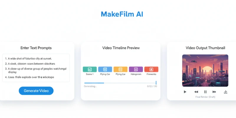MakeFilm AI interface with text-to-video dashboard and sample video – Unlucid AI alternatives