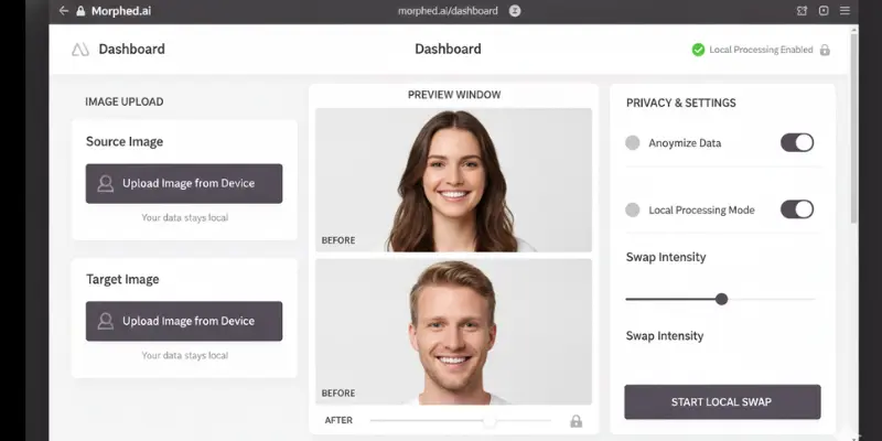 Morphed browser dashboard with private face swap tools