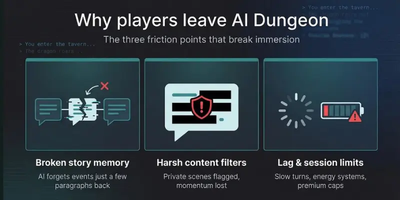 AI Dungeon reviews showing user complaints about bugs, memory issues, and gameplay problems