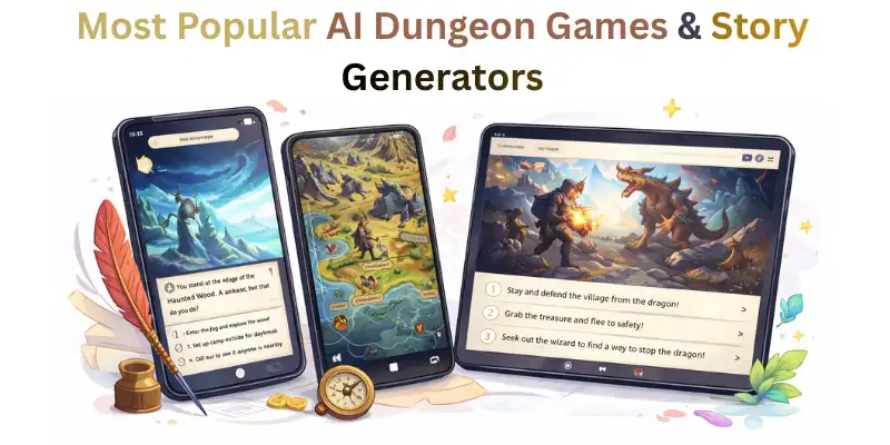 Icons showing pricing, mobile, community, and ease-of-use for AI Dungeon alternative