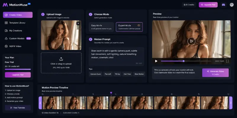  MotionMuse AI image upload and video preview interface for motion generation