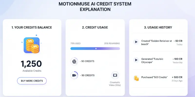  MotionMuse AI credits system dashboard showing usage and video generation balance
