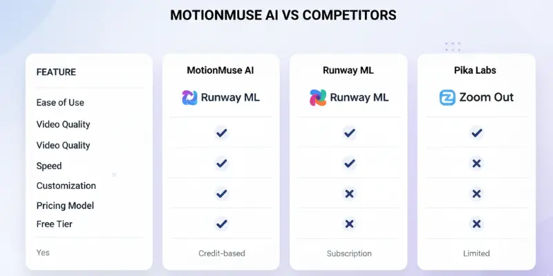  MotionMuse AI vs competitors comparison chart simple AI video tools table
