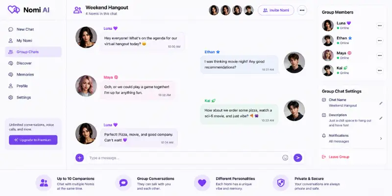 Nomi AI group chat with multiple companions