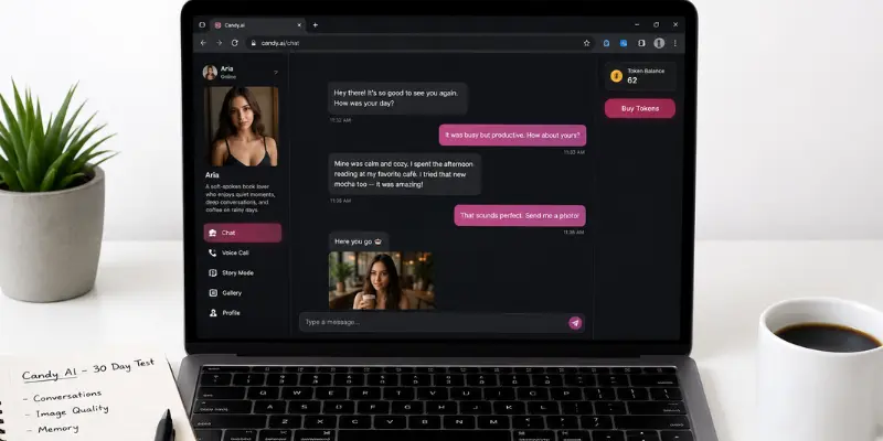 Candy AI dashboard during a 30-day testing period showing chat conversations and token usage