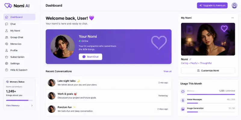 Nomi AI dashboard and chat interface