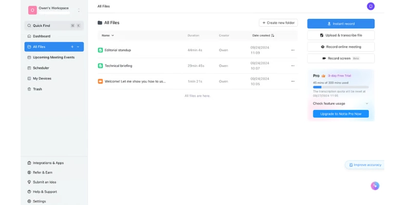 Notta AI transcription dashboard – one of the best Otter.ai alternatives