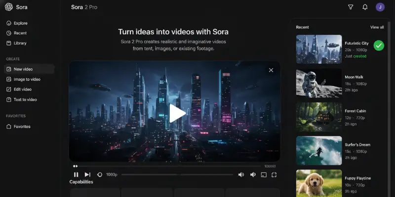 OpenAI Sora 2 Pro AI video dashboard showcasing cinematic storytelling video generation interface
