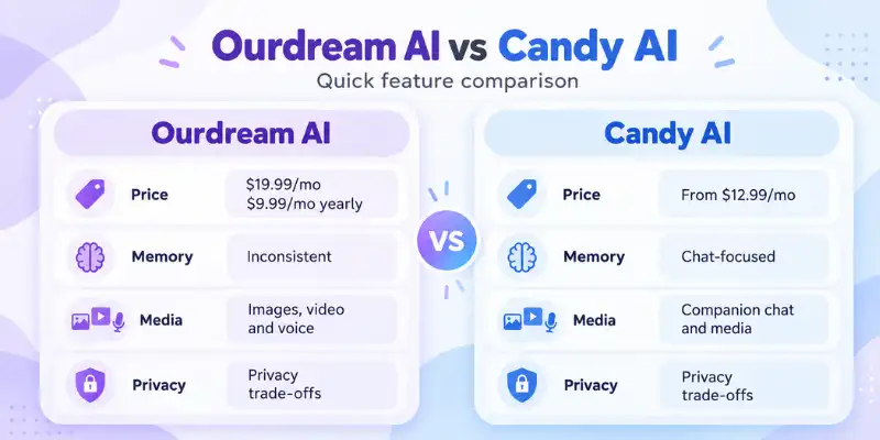 Ourdream AI vs Candy AI comparison of features and pricing