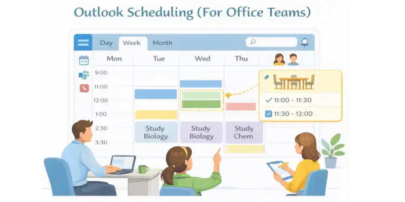 Office team using Outlook scheduling with a shared calendar and room booking features