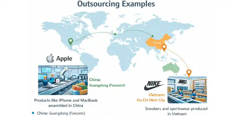 Outsourcing example featuring Apple’s production at Foxconn in China and Nike’s manufacturing in Vietnam