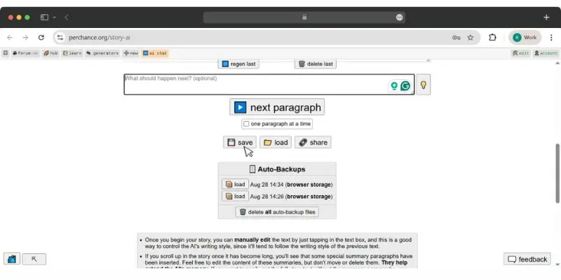Perchance AI story generator dashboard
