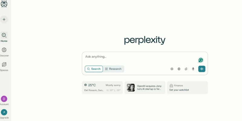 Perplexity AI search interface with real-time answers and citations.