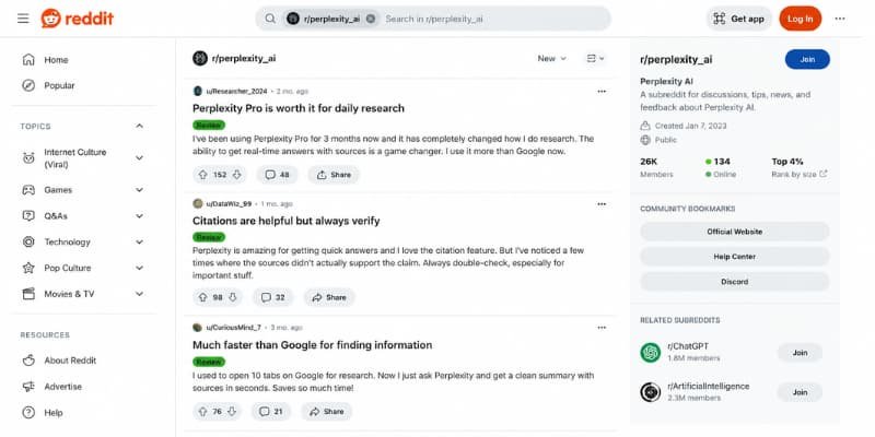 Perplexity AI Reddit reviews
