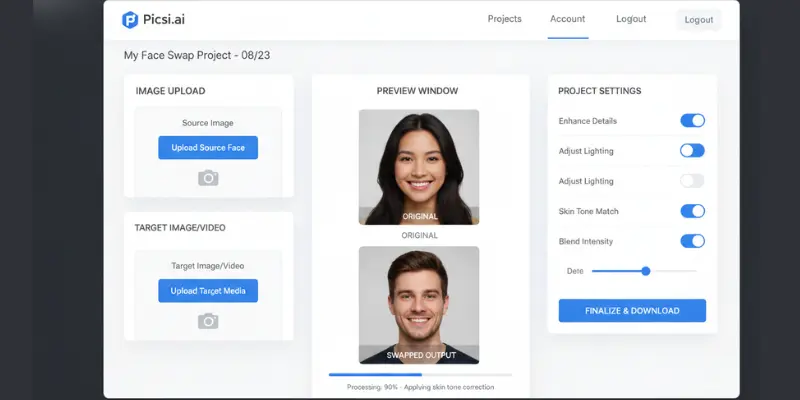 Picsi.ai face swap workspace and editing dashboard
